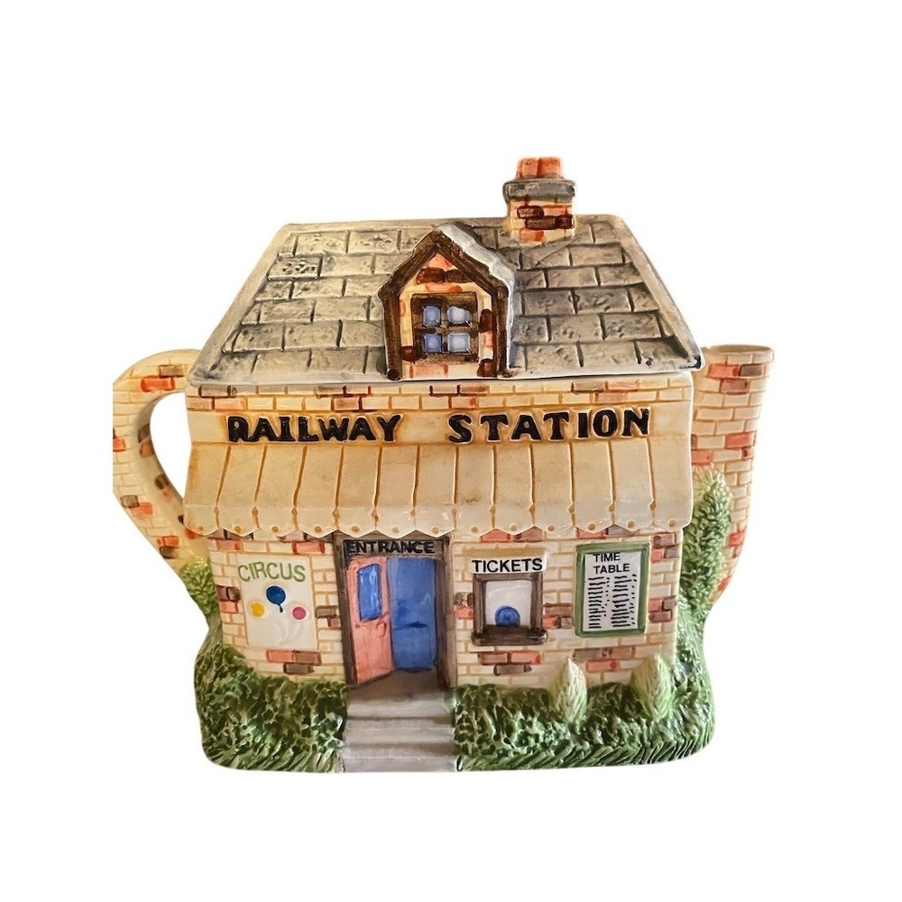 Western House Gifts Teapot Hand Painted Railway Station House Village